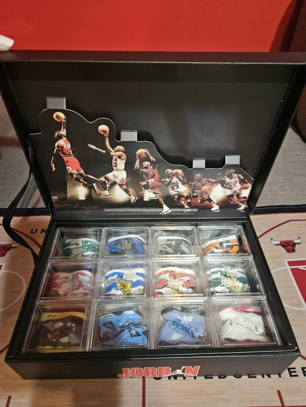 Jordan Gift Bag & Box Set with 12 pairs of mini sneakers keychain included.